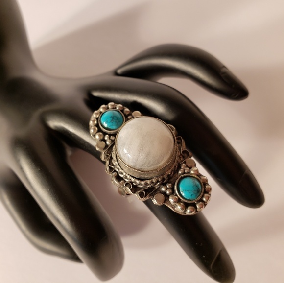 Vintage 1970s Mop Turquoise  Sterling Silver Ring - Picture 2 of 8